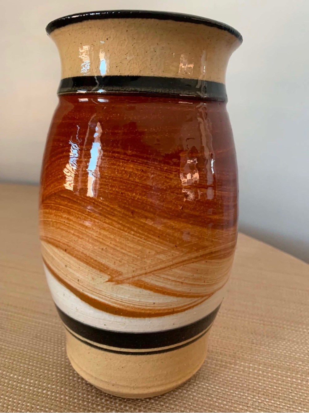 Hand Thrown Studio Pottery Vase Brown Tan Black Glaze Southwestern Boho 7.5”